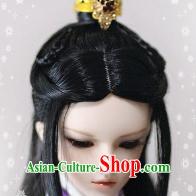 Ancient Chinese Style Prince Emperor Long Black Wigs and Coronet for Men Boys Adults Kids