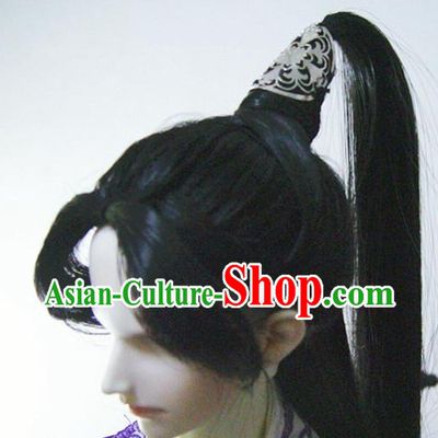 Ancient Chinese Style Prince Emperor Long Black Wigs and Coronet for Men Boys Adults Kids
