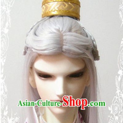 Ancient Chinese Style Prince Emperor Long Black Wigs and Coronet for Men Boys Adults Kids
