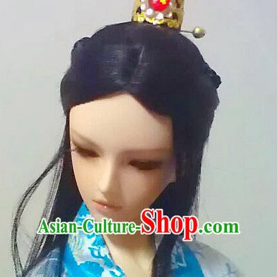 Ancient Chinese Style Prince Emperor Long Black Wigs and Coronet for Men Boys Adults Kids