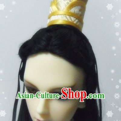 Ancient Chinese Style Prince Emperor Long Black Wigs and Accessories for Men Boys Adults Kids