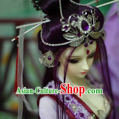 Ancient Chinese Black Long Wigs and Hair Jewelry for Women