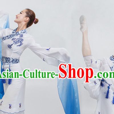 White to Blue Color Transition Chinese Classical Water Sleeves Long Sleeves Dancing Costume for Women or Girls