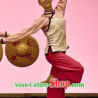 Professional Chinese Red Army Dance Costumes and Bamboo Hat for Women Adults Kids