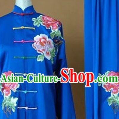 Blue Top Embroidered Mandarin Tai Chi Taiji Martial Arts Competition Uniforms Dresses Suits Outfits