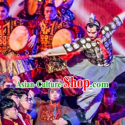 Chinese Folk Terra Cotta Warrior Dance Costumes for Men Adults Kids Children