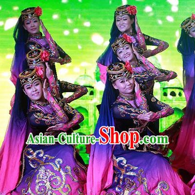 Chinese Folk Ethnic Xinjiang Dance Costumes and Headpieces for Women