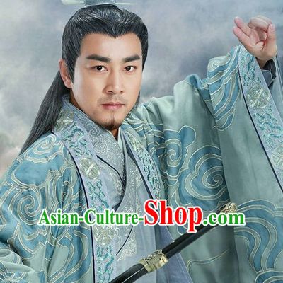 Ancient Chinese Swordsman Knight Clothing and Hair Jewelry Complete Set for Men