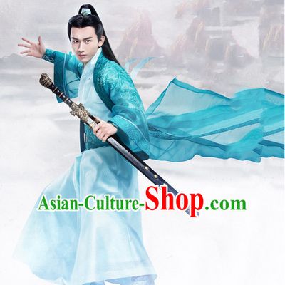 Ancient Chinese Swordsman Knight Costumes and Hair Jewelry Complete Set for Men