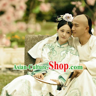 Qing Dynasty Manchu Imperial Royal Empress Robe Costumes and Hair Jewelry Complete Set for Women