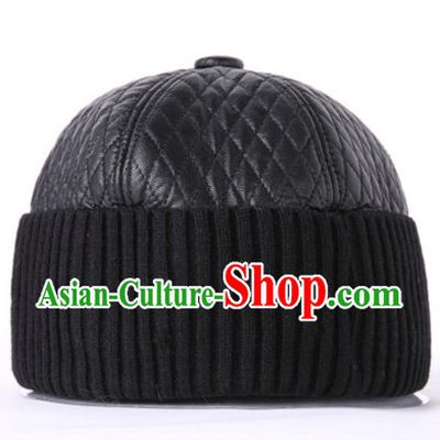 Top Traditional Chinese Black Leather Hat for Men