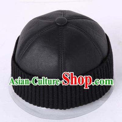 Top Traditional Chinese Black Leather Hat for Men