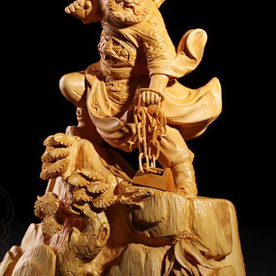 Chinese Classical Hands Carved Wooden Sculptures of Zhong Kui