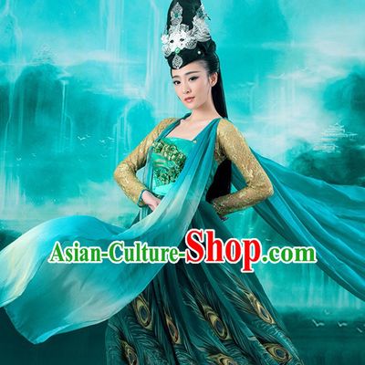 Chinese Ancient Peacock Princess Garment and Hair Accessories Complete Set for Women