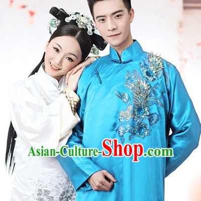 Chinese Mandarin Blue Long Minguo Time Robe Complete Set for Men