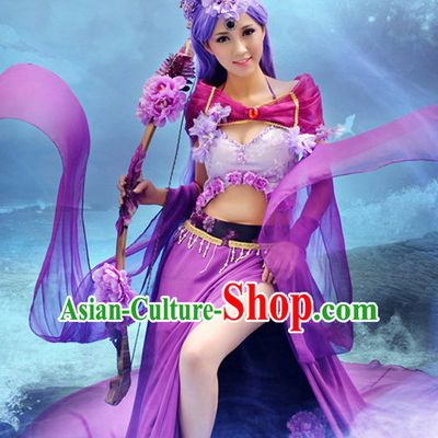 Chinese Ancient Purple Fairy Cosplay Costume and Headdress Complete Set for Women