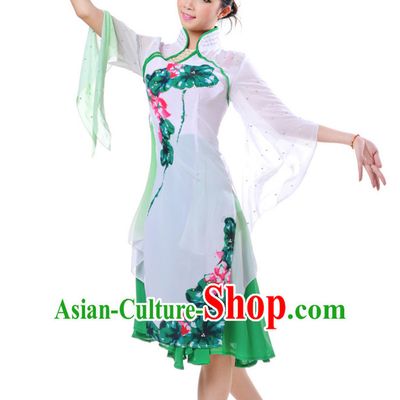 Chinese Classical Fan Group Dance Costume and Headdress Complete Set for Women