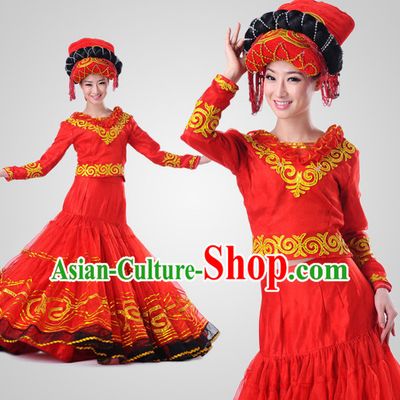 Chinese Traditional Ethnic Group Dancing Costumes and Headdress Complete Set for Women