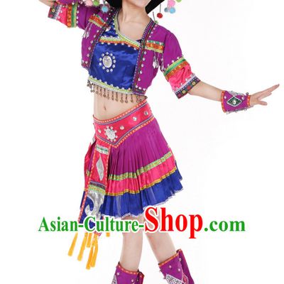 Chinese Traditional Ethnic Group Dancing Costumes and Headdress Complete Set for Women