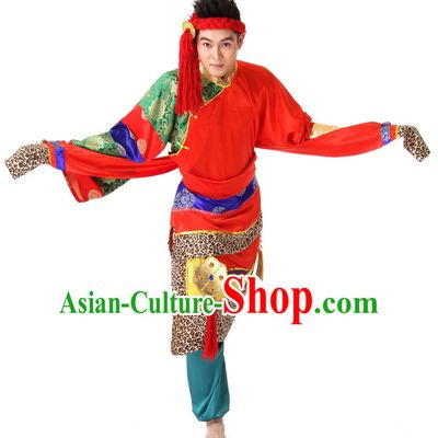 Chinese Traditional Ethnic Tibetan Group Dancing Costumes and Headdress Complete Set for Men