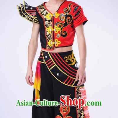 Chinese Traditional Ethnic Group Dancing Costumes and Headdress Complete Set for Men