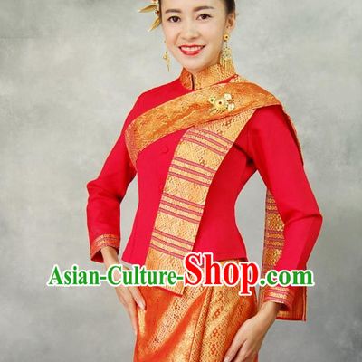 Red Traditional National Thai Dress Thai Traditional Dress Dresses Wedding Dress online for Sale Thai Clothing Thailand Clothes Complete Set for Women Girls Adults Youth Kids