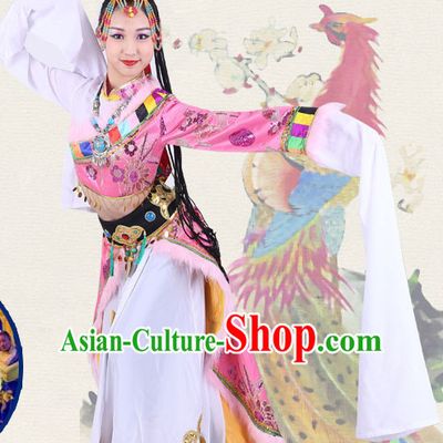 Chinese Traditional Classical Ethnic Tibetan Dance Costumes Dancewear and Headpieces Complete Set for Women