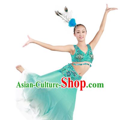 Chinese Traditional Folk Ethnic Peacock Dai Dance Costumes Dancewear and Headpieces Complete Set for Women