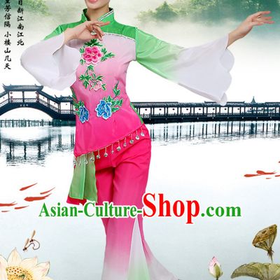 Chinese Traditional Fan Team Dancing Costumes and Headpieces Complete Set for Women