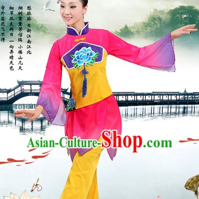 Chinese Traditional Fan Team Dancing Costumes and Headpieces Complete Set for Women