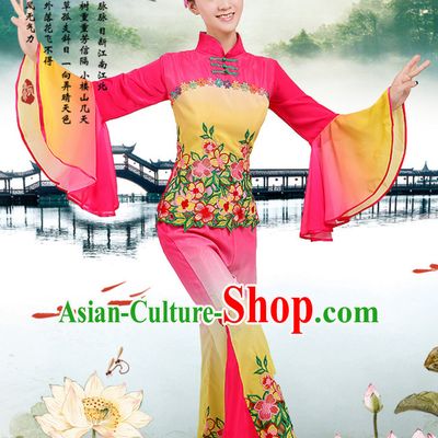 Chinese Traditional Fan Team Dancing Costumes Dancewear and Headpieces Complete Set for Women