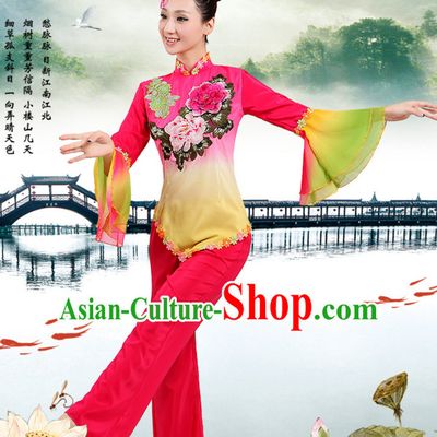 Chinese Traditional Team Fan Dancing Costumes Dancewear and Headpieces Complete Set for Women