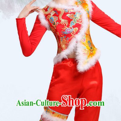 Chinese Traditional Team Fan Dancing Costumes Dancewear and Headpieces Complete Set for Women