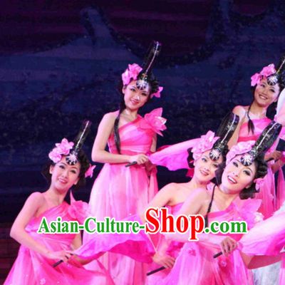 Chinese Peach Blossom Dance Costumes and Headpieces Complete Set for Women