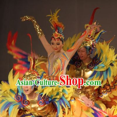 Chinese Famous Fantasy Stage Dance Sun Bird Tai Yang Niao Costumes and Hat Complete Set for Women