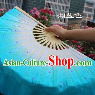 White to Blue Color Transition Traditional Chinese Pure Silk Dance Fan