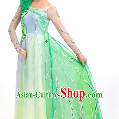 Traditional Chinese Green Leaf Spring Dance Costumes Custom Dance Costume Folk Dance Chinese Dress Cultural Dances and Headdress Complete Set