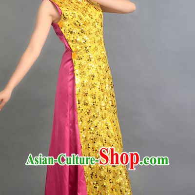 Traditional Chinese Classical Cheongsam Dance Costumes Custom Dance Costume Folk Dancing Chinese Dress Cultural Dances and Headdress Complete Set