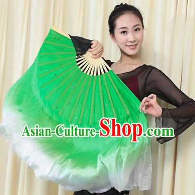 Professional Traditional Two Colors White to Green Color Transition Pure Silk Dance Fan