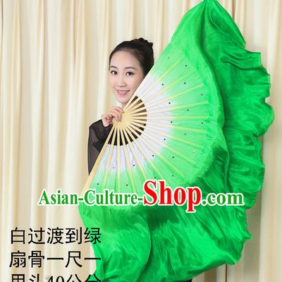 Professional Traditional Two Colors White to Green Color Transition Pure Silk Dance Fan