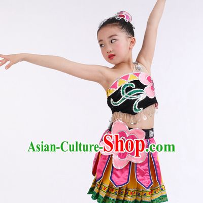 Chinese Competition Ballroom Dance Costumes Kids Dance Costumes Folk Dances Ethnic Dance Fan Dance Dancing Dancewear for Children
