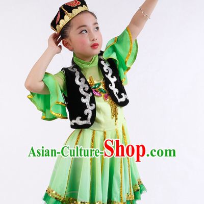 Chinese Competition Xinjiang Dance Costumes Kids Dance Costumes Folk Dances Ethnic Dance Fan Dance Dancing Dancewear for Children