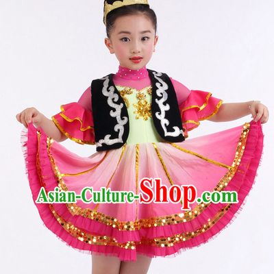 Chinese Competition Xinjiang Dance Costumes Kids Dance Costumes Folk Dances Ethnic Dance Fan Dance Dancing Dancewear for Children