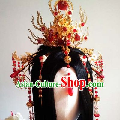 Traditional Chinese Princess Long Black Wigs and Hairpieces Headpieces Hair Jewelry Set