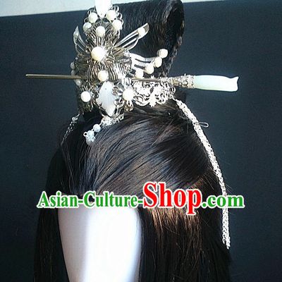 Traditional Chinese Princess Long Black Wigs and Hairpieces Headpieces Hair Jewelry Set
