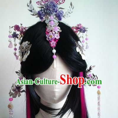Traditional Chinese Princess Long Black Wigs and Hairpieces Headpieces Hair Jewelry Set