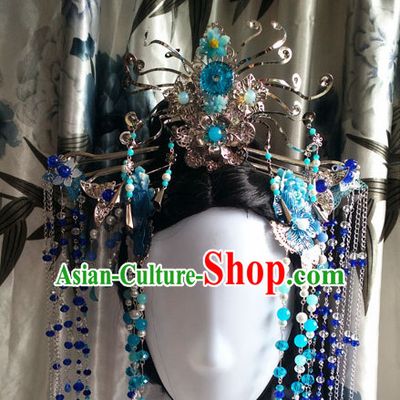 Traditional Chinese Princess Long Black Wigs and Hairpieces Headpieces Hair Jewelry Set