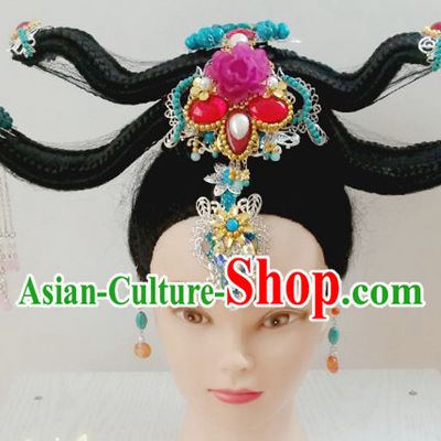 Ancient Chinese Fairy Beauty Long Black Wigs and Hair Jewelry Hairpieces