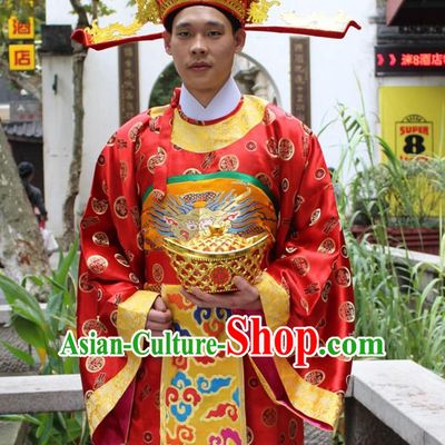 Asian Chinese Legend Cai Shen Money God Long Dresses Hanfu Costume Clothing Chinese Robe Chinese Kimono and Crown Complete Set for Men