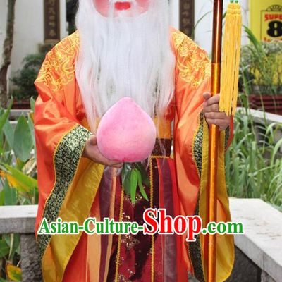 Asian Chinese Legend Shou Xing Longevity Long Dresses Hanfu Costume Clothing Chinese Robe Chinese Kimono and Hat Complete Set for Men
